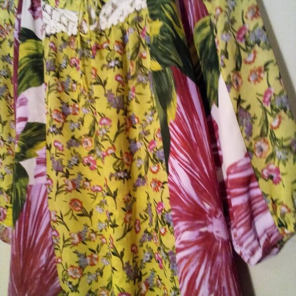 New Directions Blouse S Half Sleeve Boho Flowing Lace Floral Patchwork Colorful - Picture 7 of 15